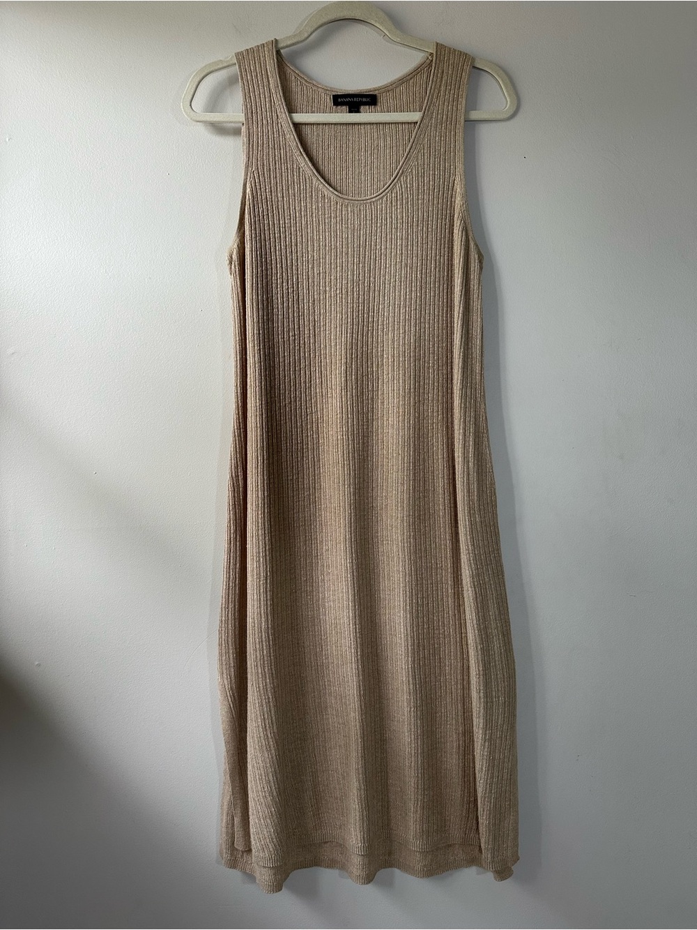 Banana Republic Sleeveless Linen Blend Ribbed Knit Beige Midi Dress Sz L Summer